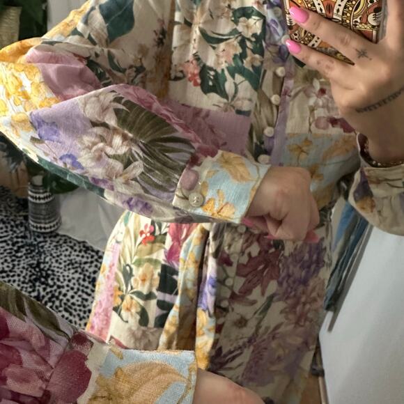Zara Patchwork Floral Parrot Long Sleeve Shirt Dress Pink Medium NWT - Picture 5 of 6